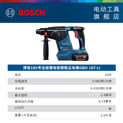 博世（BOSCH） GBH 187-LI专业级锂电智能无刷电锤多功能充电式电锤冲击钻电钻p250