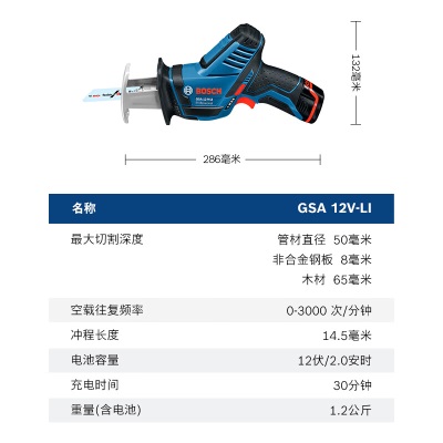 博世（BOSCH）GSA 12V-LI锂电12V无刷马刀锯电锯往复锯SDS快换切割锯 官方标配（含两块电池+充电器）p250