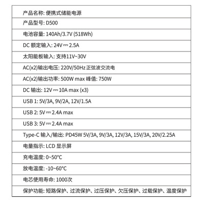 纽曼（Newsmy）户外电源500W大功率大容量220V移动电源自驾野营停电应急电源D500p258