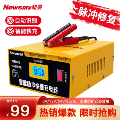 纽曼（Newsmy）汽车电瓶充电器12V24V摩托轿车通用全自动智能脉冲充电修复款C80p258